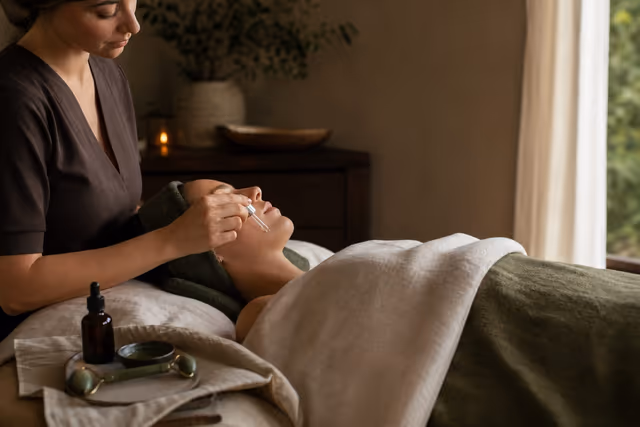 Esthetician applying serum to a client's cheek in soft window light.